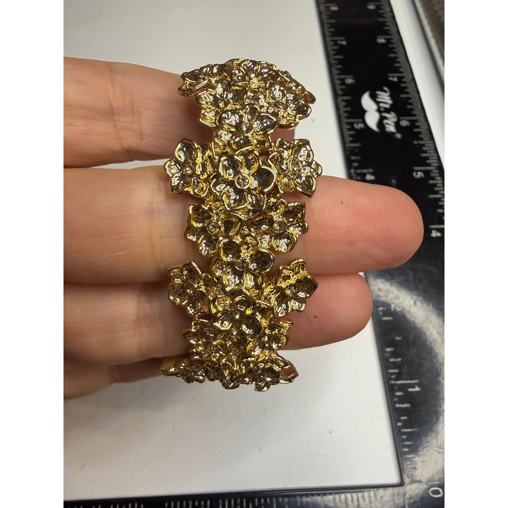 Gold Tone Textured Floral Hinge Cuff Bracelet Statement Botanical Jewelry